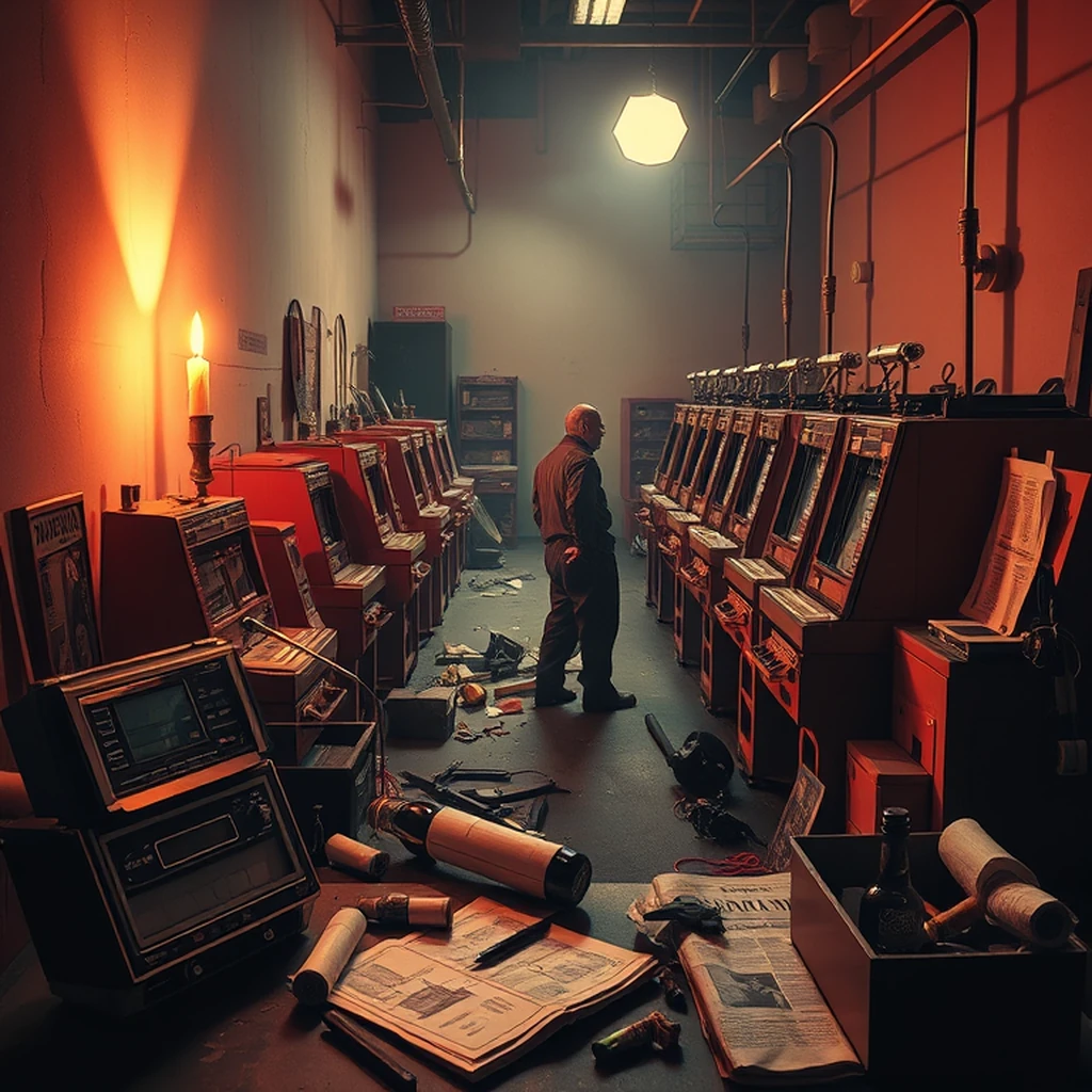 Image A of the puzzle: 1980s las vegas slot machine factory assembly line with bright lights