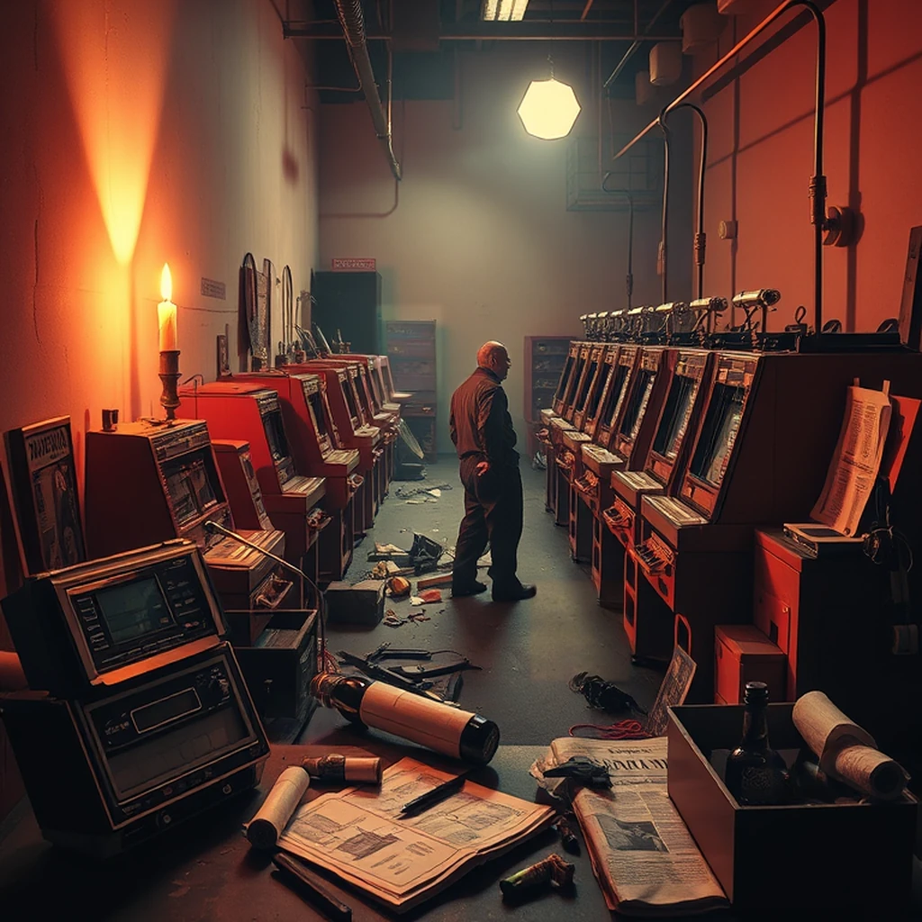 Image B of the puzzle: 1980s las vegas slot machine factory assembly line with bright lights