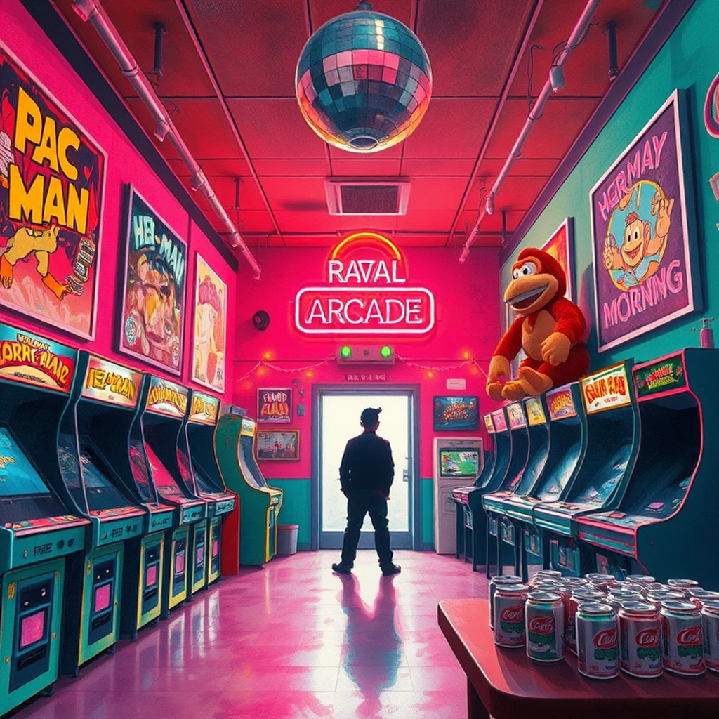 Image A of the puzzle: 1980s neon-lit video arcade with saturday morning cartoon posters