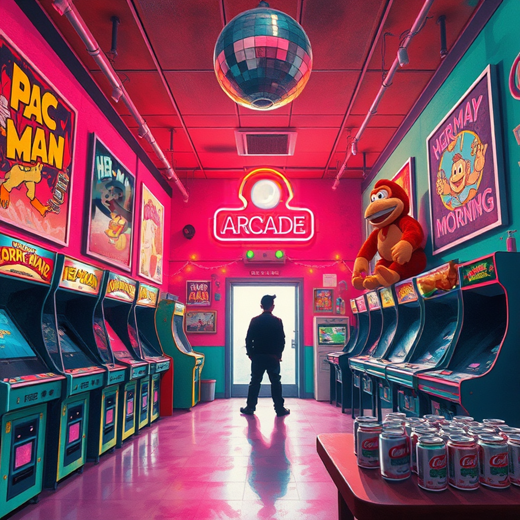 Image B of the puzzle: 1980s neon-lit video arcade with saturday morning cartoon posters