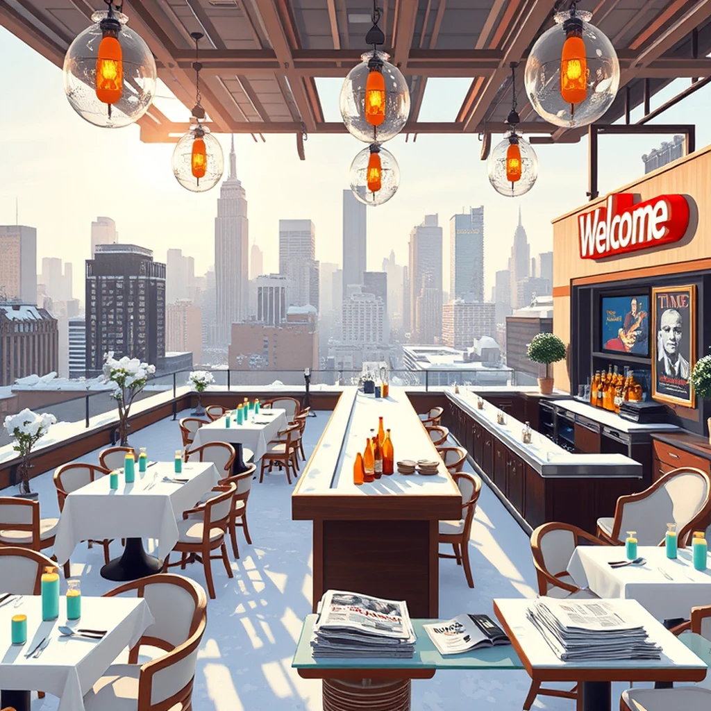 Image A of the puzzle: 1980s new york city rooftop bar with skyline view and chandeliers