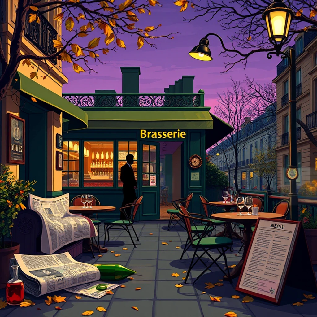 Image B of the puzzle: 1980s parisian brasserie outdoor seating area in autumn