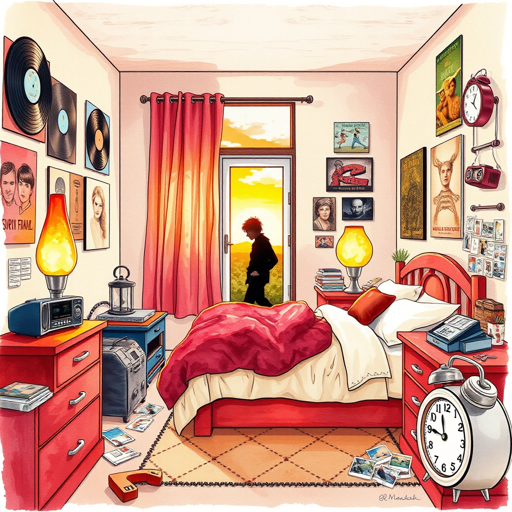 1980s retro bedroom filled with lava lamps and vinyl records