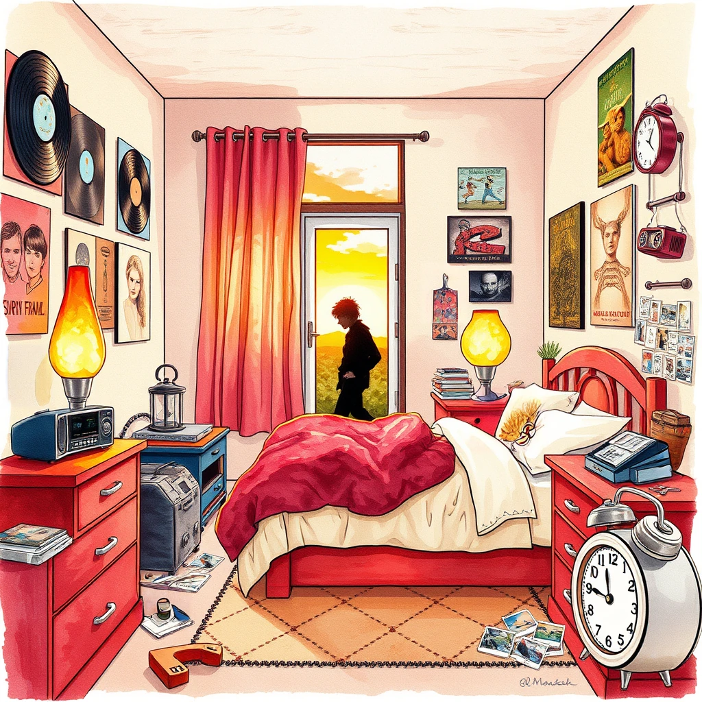 Image B of the puzzle: 1980s retro bedroom filled with lava lamps and vinyl records