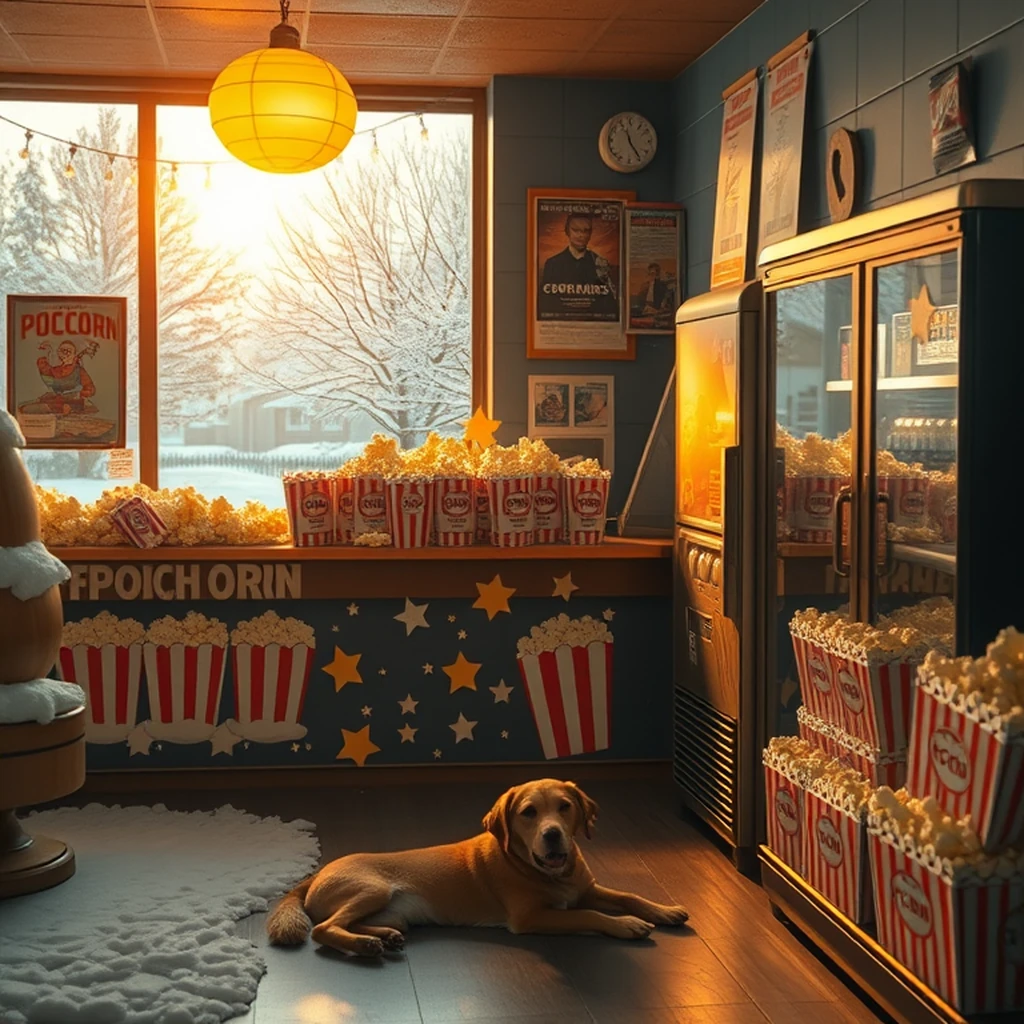 Image A of the puzzle: 1980s small town movie theater concession stand with popcorn tins