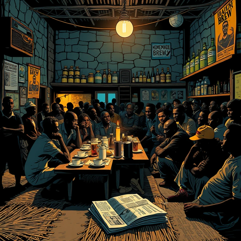 Image B of the puzzle: 1980s south african township shebeen with straw mats and homemade brew