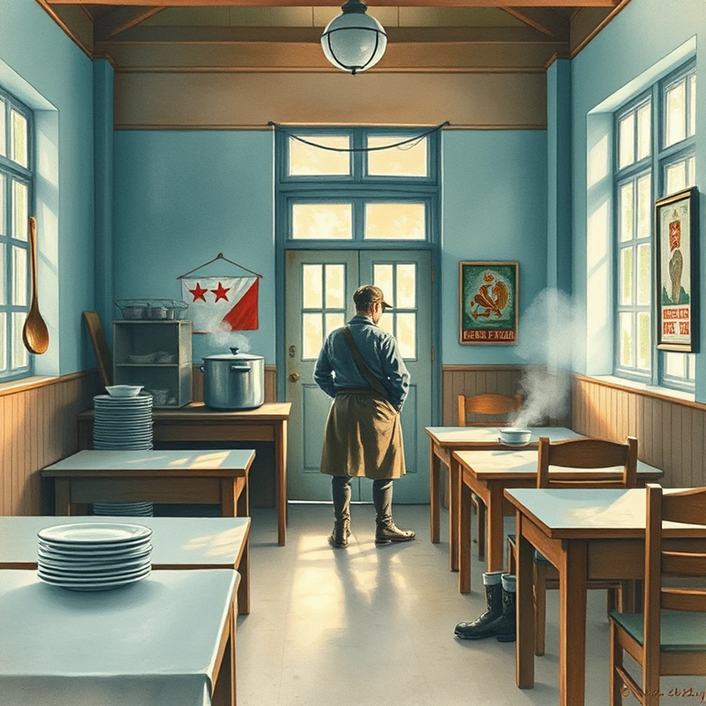 Image A of the puzzle: 1980s soviet era kolkhoz collective farm dining hall