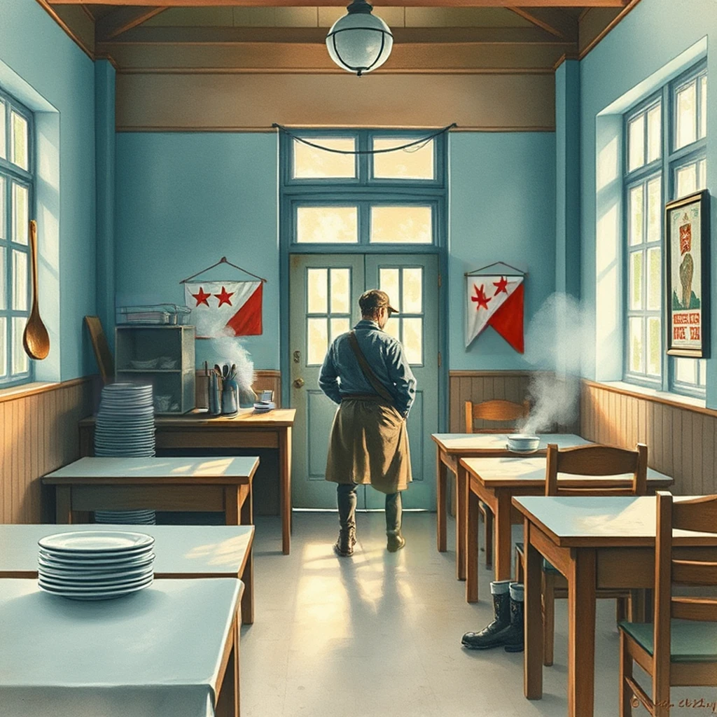 Image B of the puzzle: 1980s soviet era kolkhoz collective farm dining hall