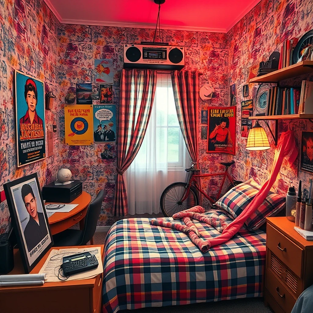 Image A of the puzzle: 1980s teenage bedroom with Walkman cassettes and BMX bike leaning on wall