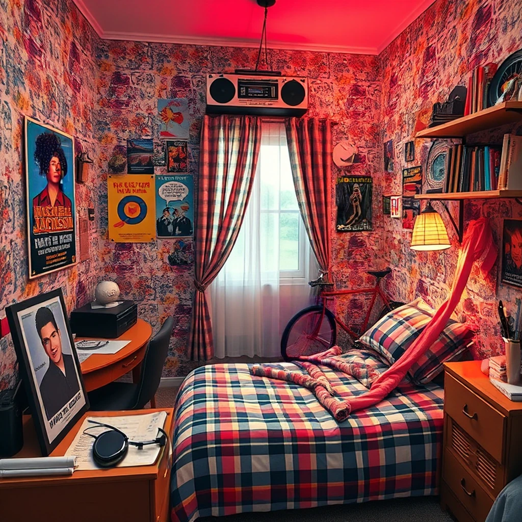 Image B of the puzzle: 1980s teenage bedroom with Walkman cassettes and BMX bike leaning on wall