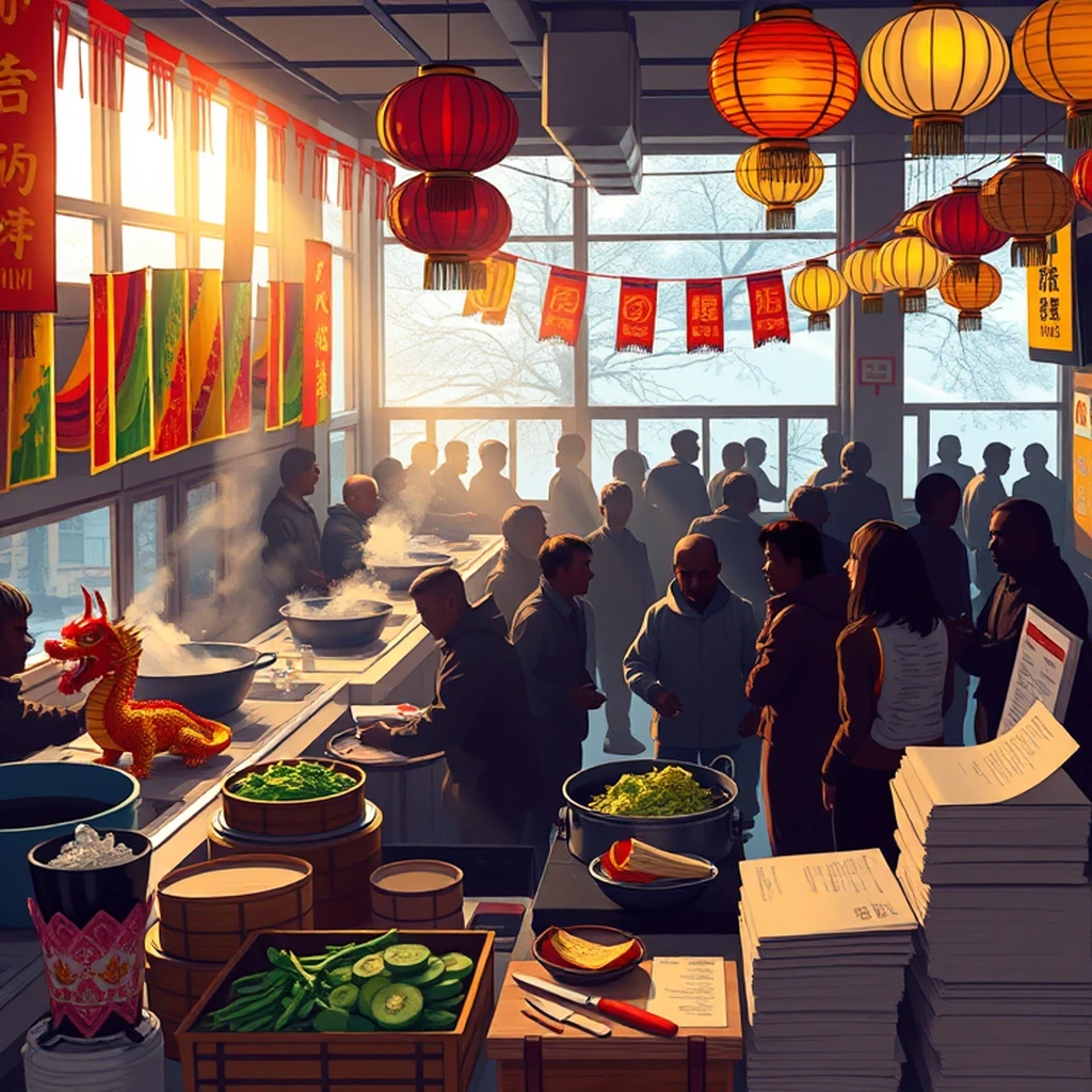 Image A of the puzzle: 1980s thai noodle shop kitchen with steamy woks and green papaya salad