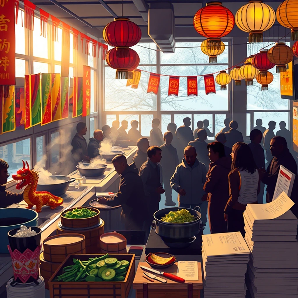 Image B of the puzzle: 1980s thai noodle shop kitchen with steamy woks and green papaya salad
