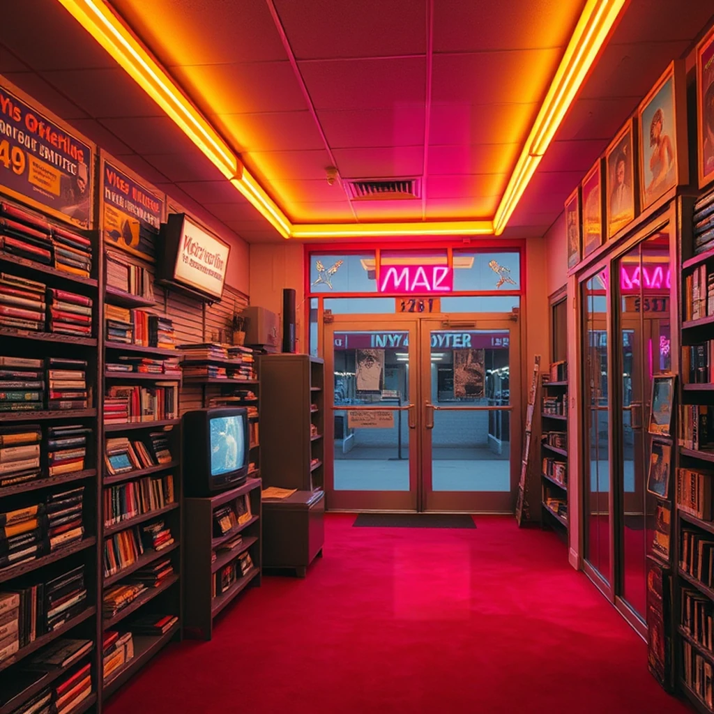 Image A of the puzzle: 1980s VHS video rental store interior with glowing neon signage