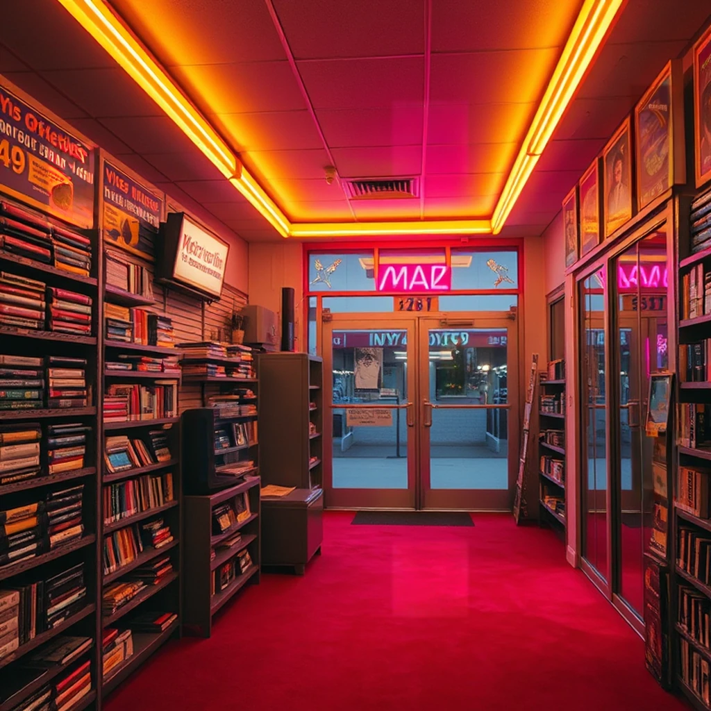 Image B of the puzzle: 1980s VHS video rental store interior with glowing neon signage