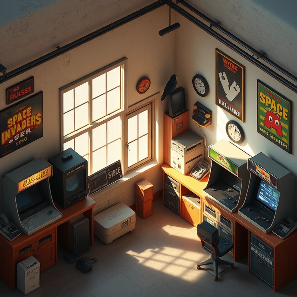 Image A of the puzzle: 1980s video game corner store with cabinet arcade games