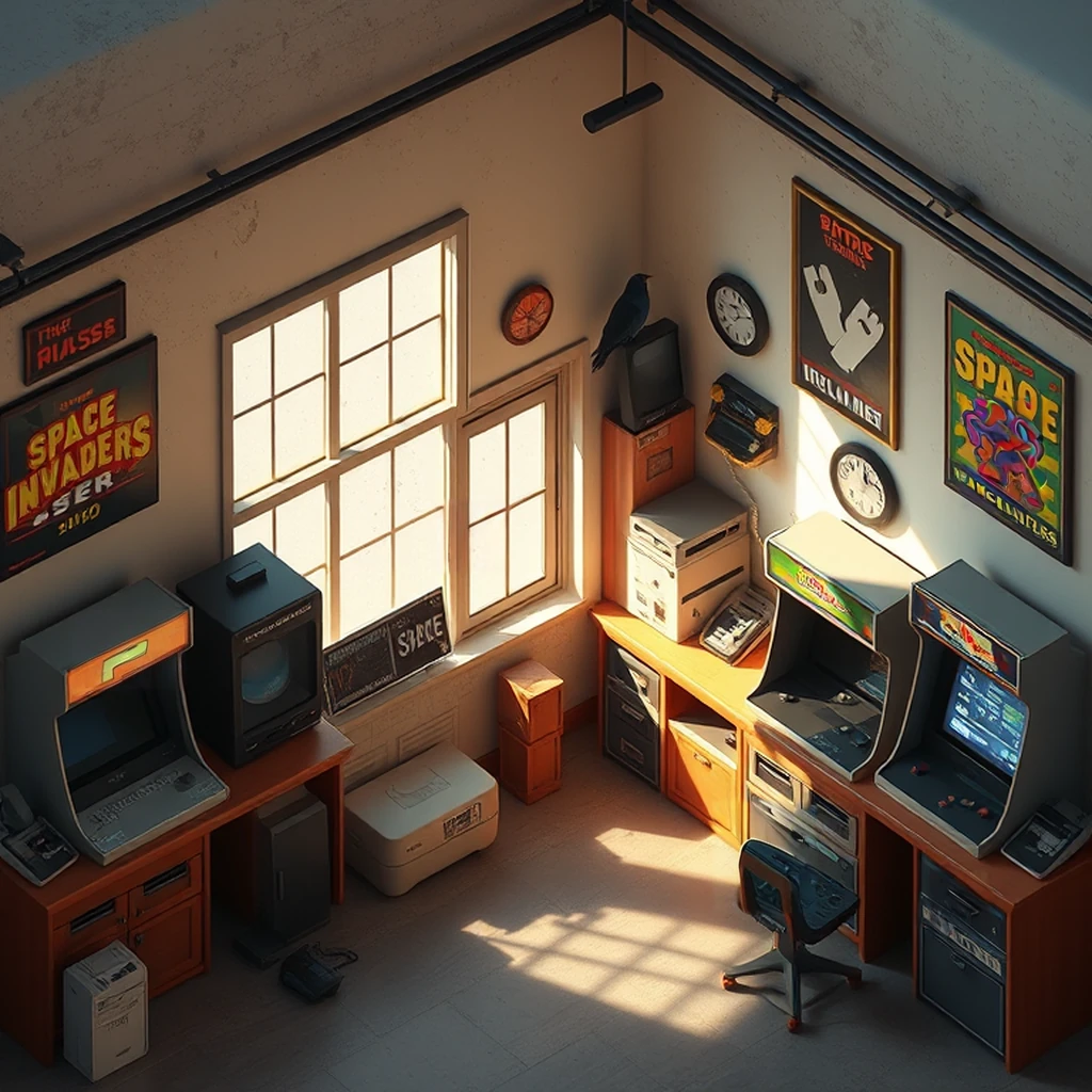 Image B of the puzzle: 1980s video game corner store with cabinet arcade games
