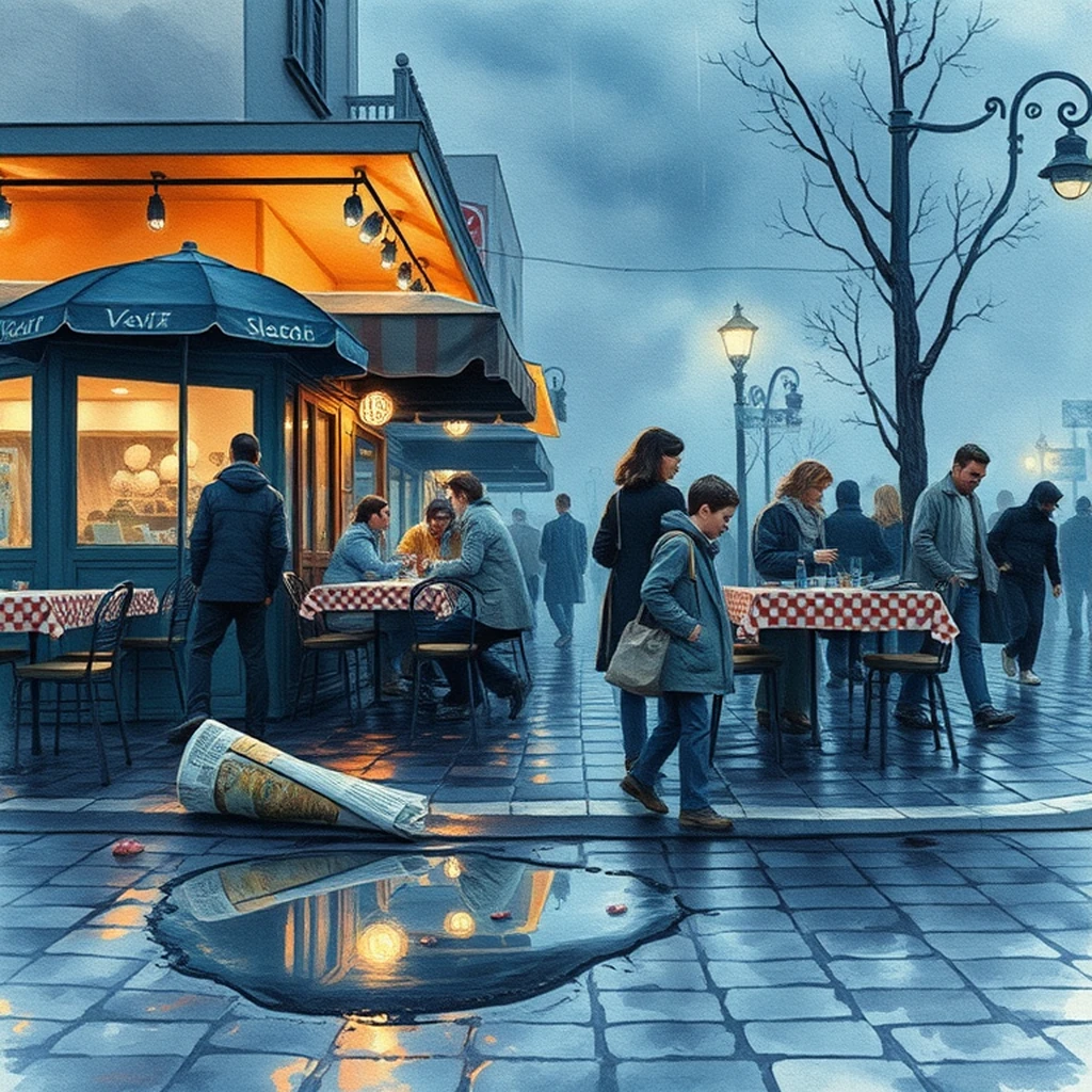 Image A of the puzzle: 1980s yugoslav seaside cafe with checkered tablecloths and ice cream cones