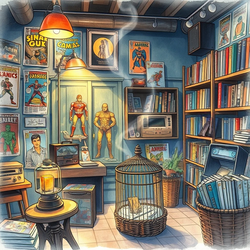 Image B of the puzzle: 1990s american comic book store with glass case displays