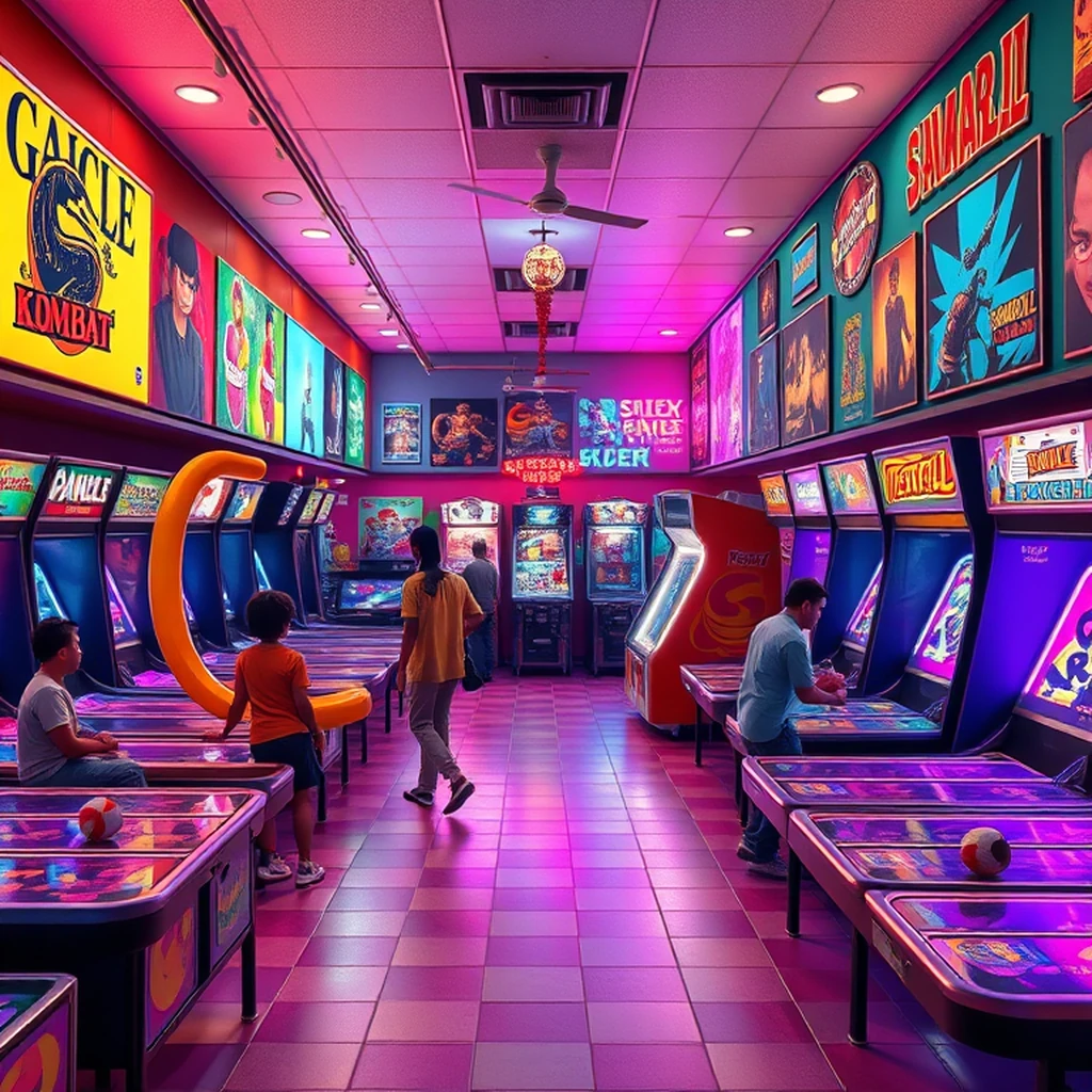 Image A of the puzzle: 1990s American mall arcade with neon carpet and skeeball lanes