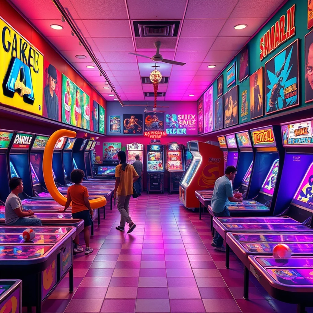 Image B of the puzzle: 1990s American mall arcade with neon carpet and skeeball lanes