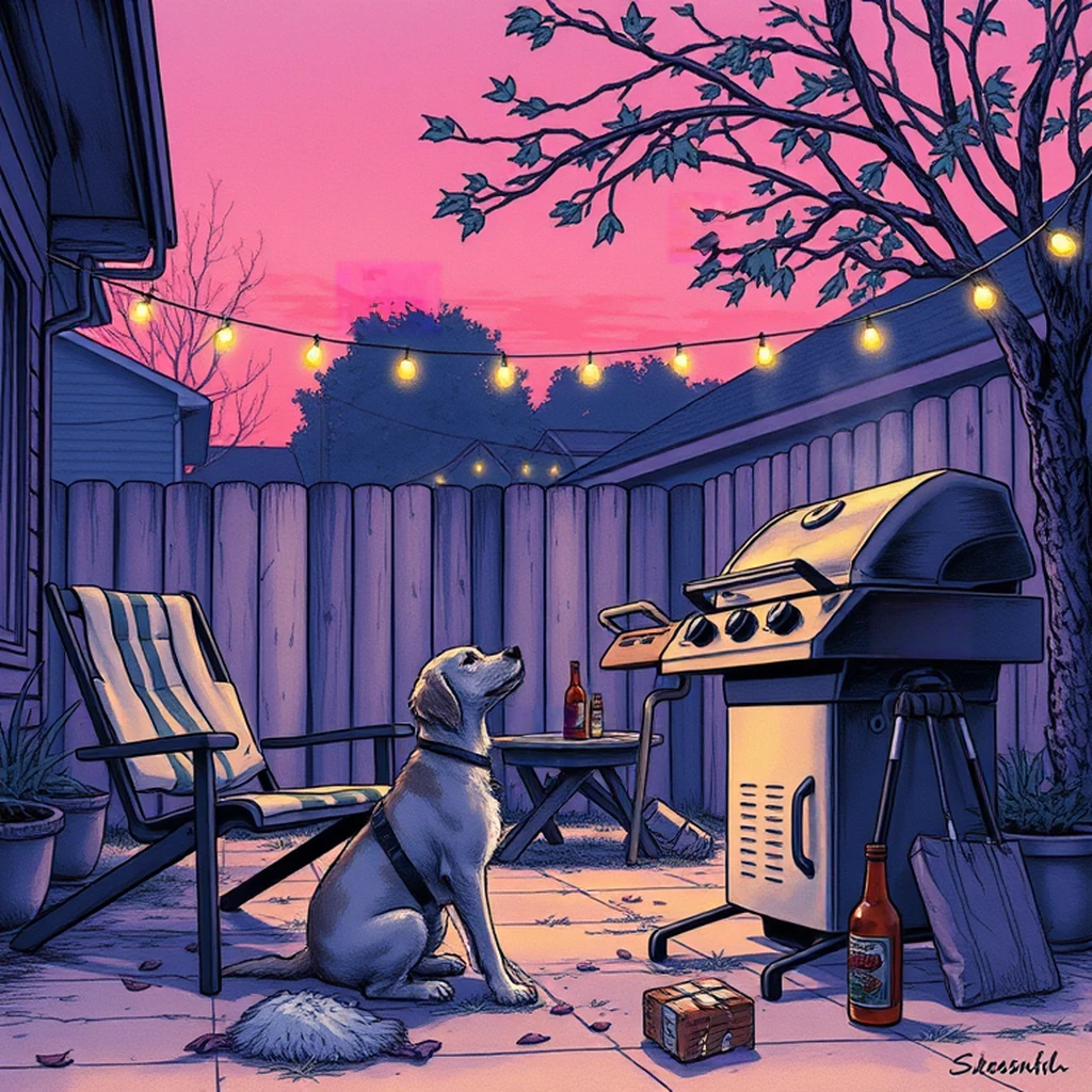 Image B of the puzzle: 1990s american suburban backyard barbecue with grill and party hats
