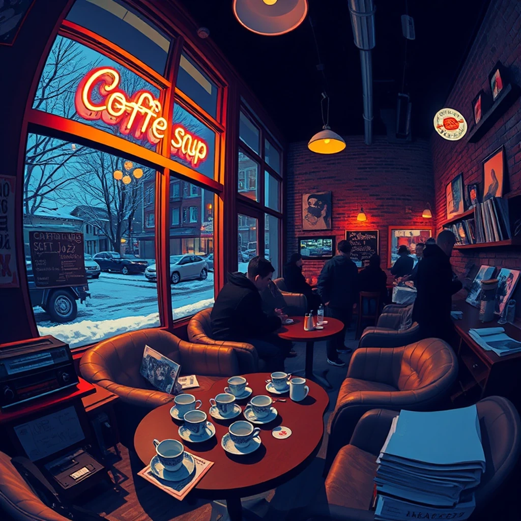 Image A of the puzzle: 1990s indie coffee shop with worn armchairs and vinyl records