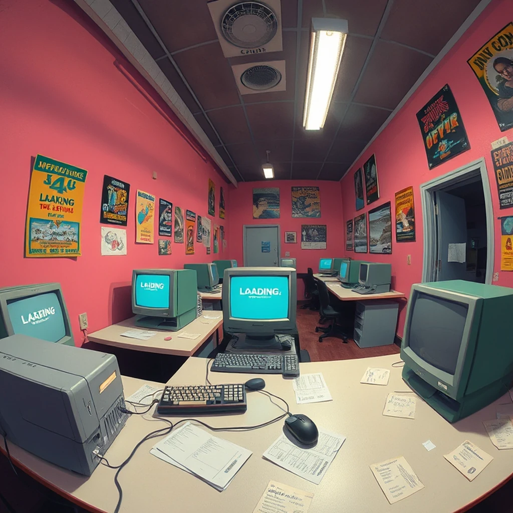 Image A of the puzzle: 1990s internet cafe with dial-up modems and floppy disks