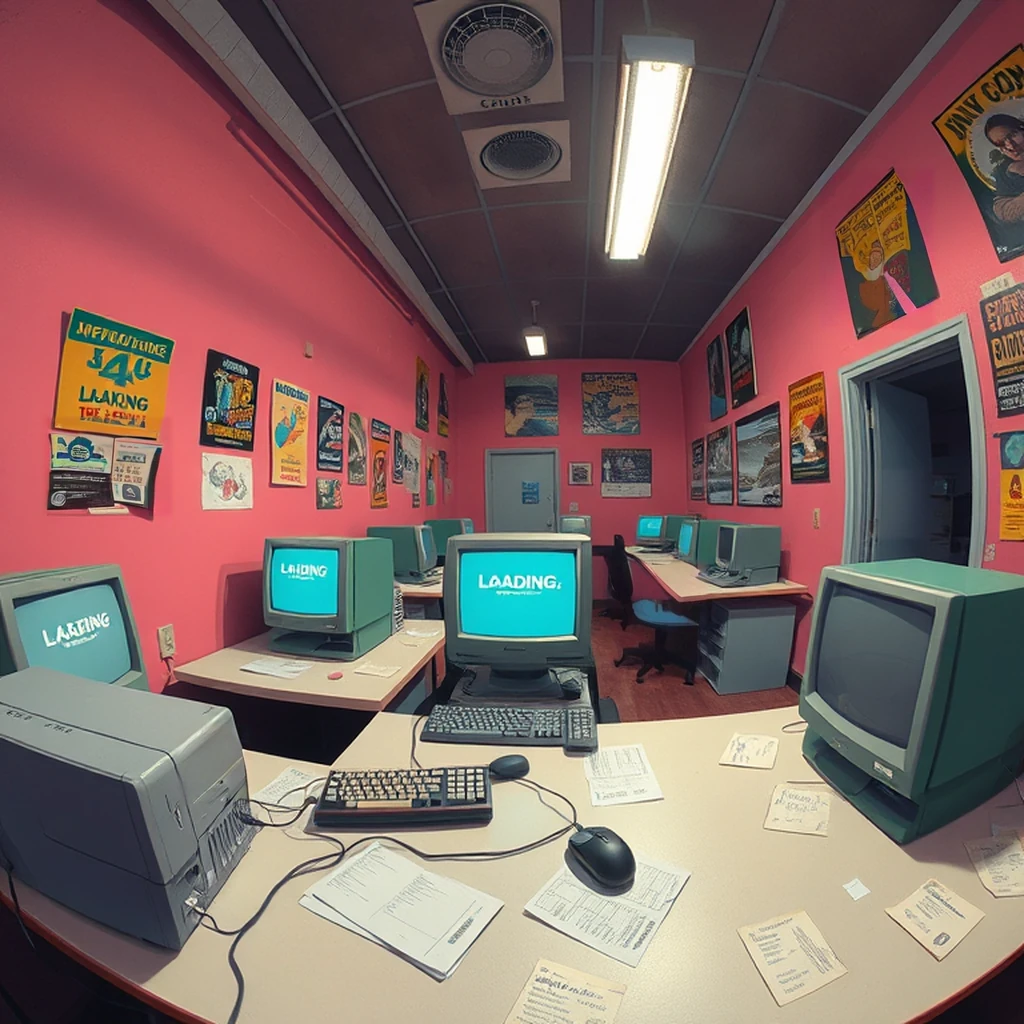 Image B of the puzzle: 1990s internet cafe with dial-up modems and floppy disks