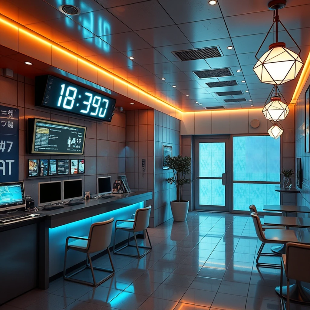 Image A of the puzzle: 1990s Japanese capsule hotel reception with futuristic geometric tile