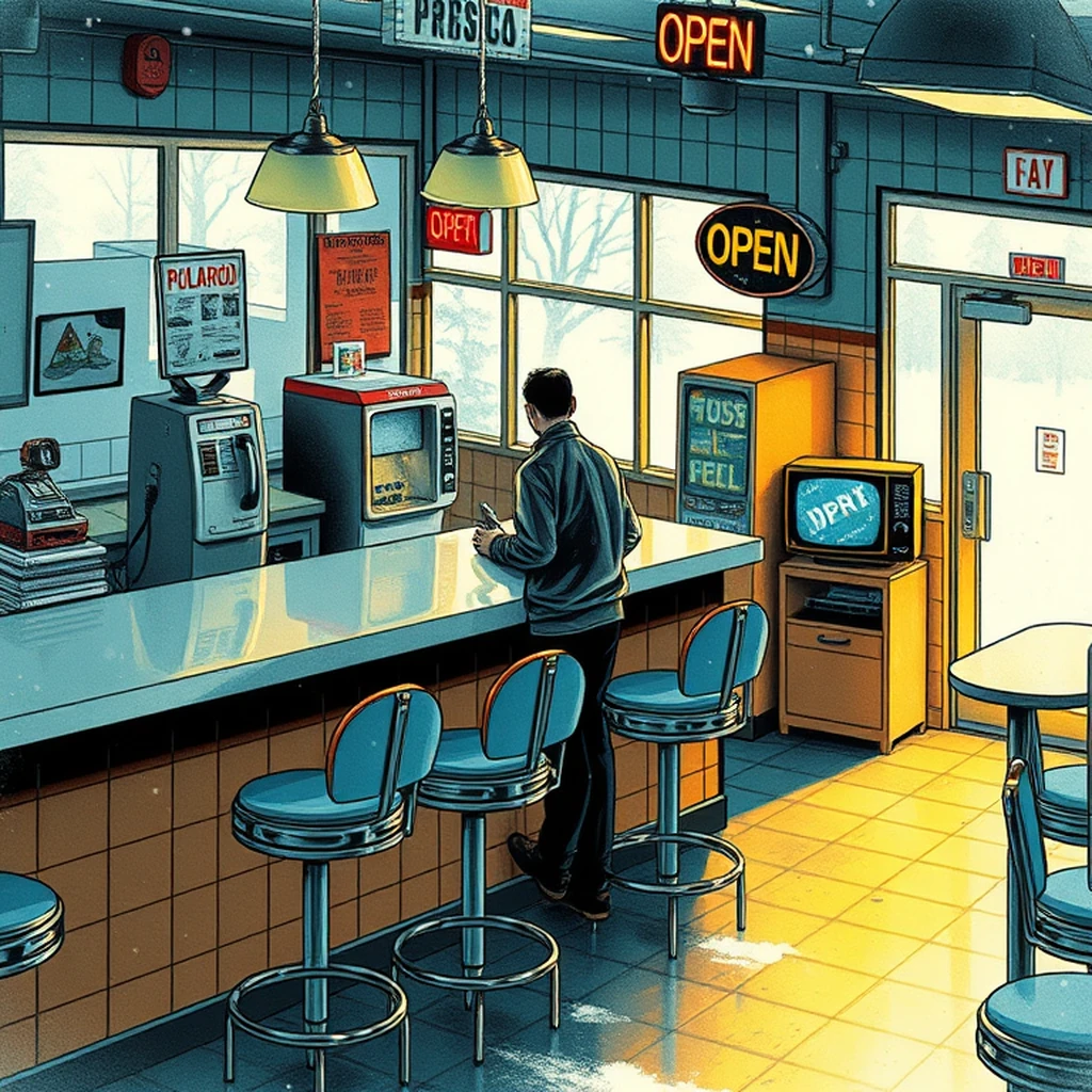 Image A of the puzzle: 1990s retro diner counter with chrome stools and soda machines