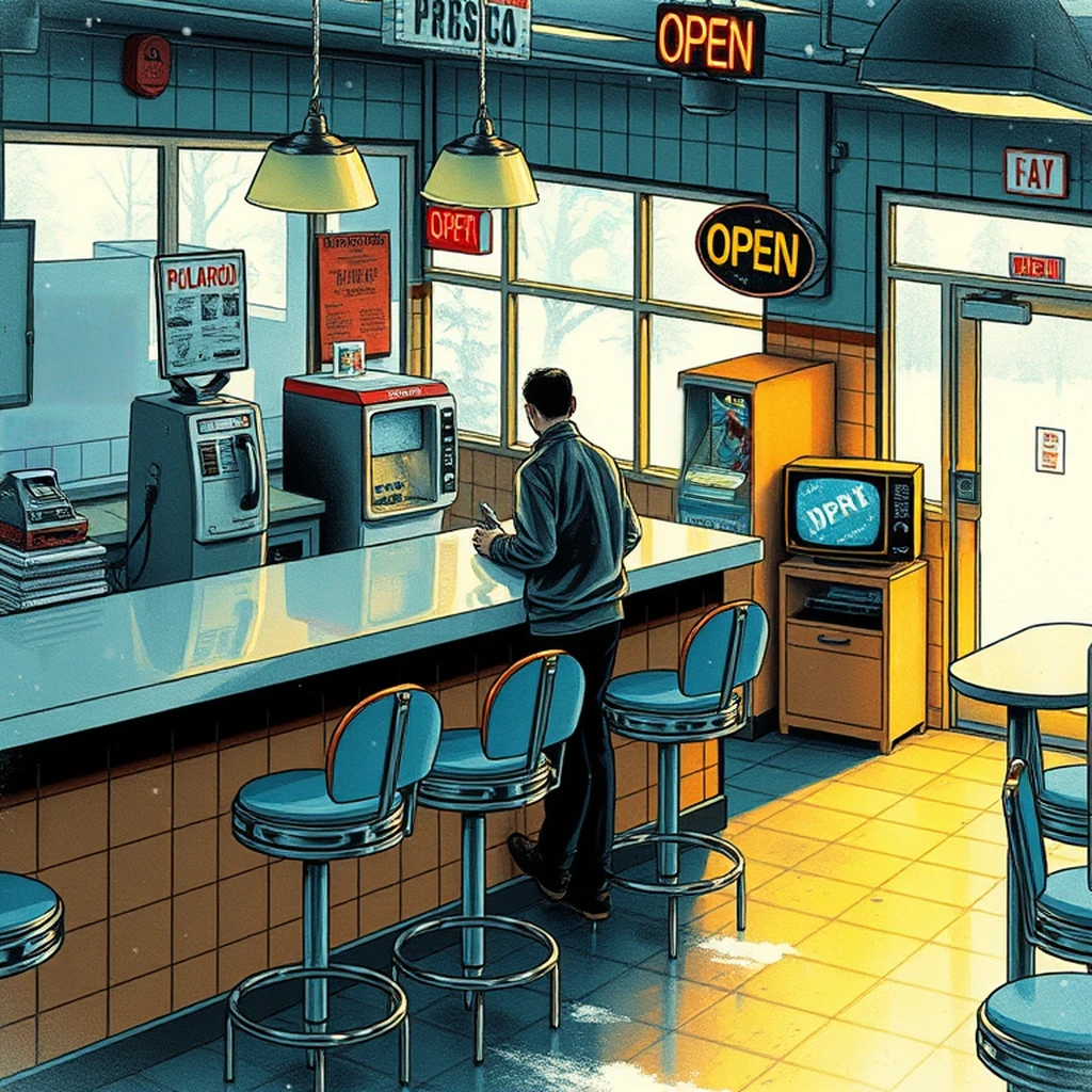 Image B of the puzzle: 1990s retro diner counter with chrome stools and soda machines