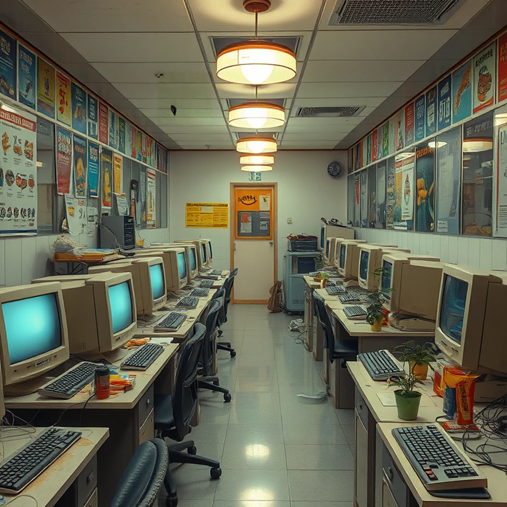 Image A of the puzzle: 1990s Seoul PC bang with beige CRT monitors and keyboard-worn desks