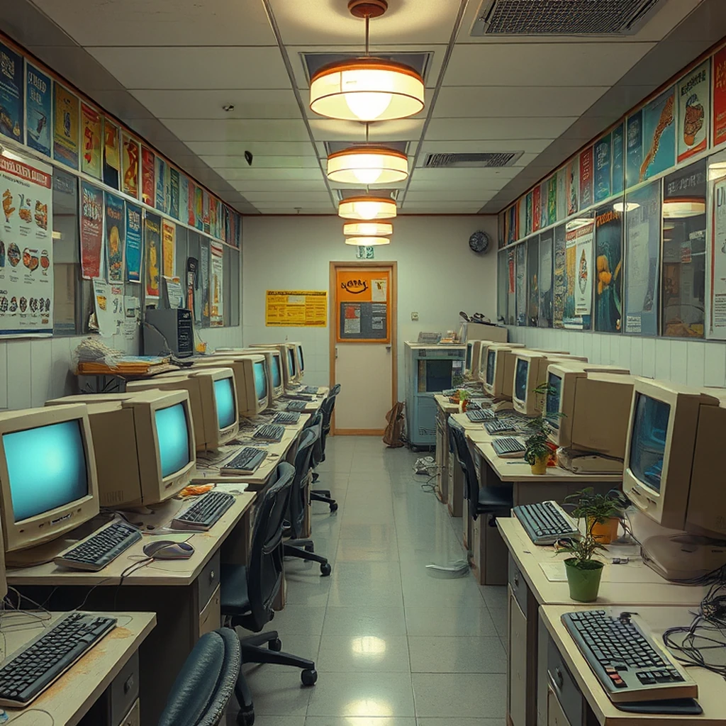 Image B of the puzzle: 1990s Seoul PC bang with beige CRT monitors and keyboard-worn desks