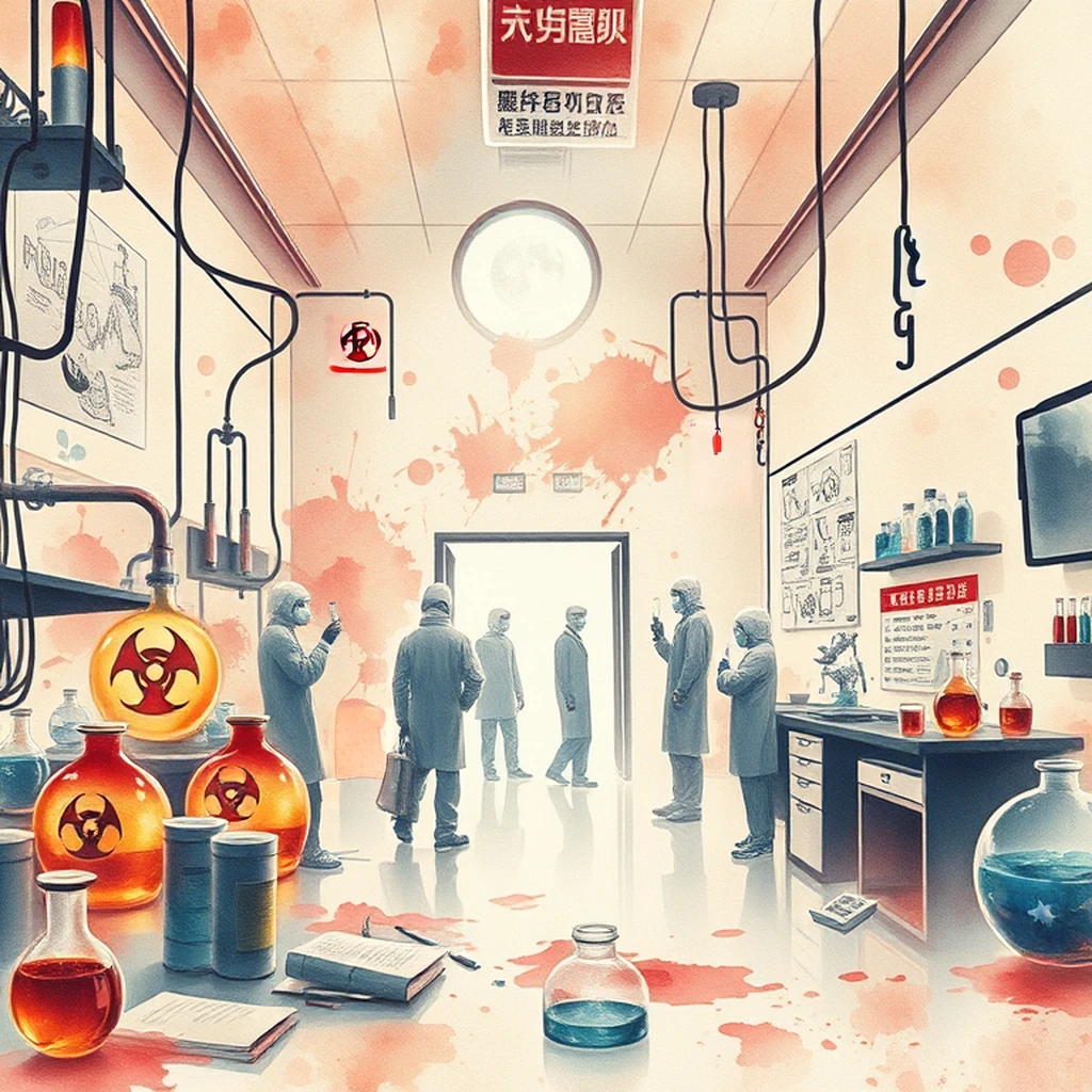 Image B of the puzzle: 2000s chinese high-tech research lab with biohazard signs