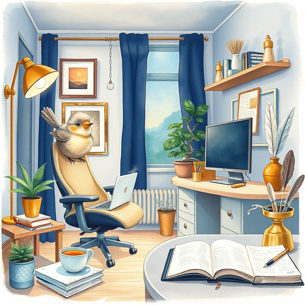 Image A of the puzzle: 2000s modern home office with ergonomic chair and laptop