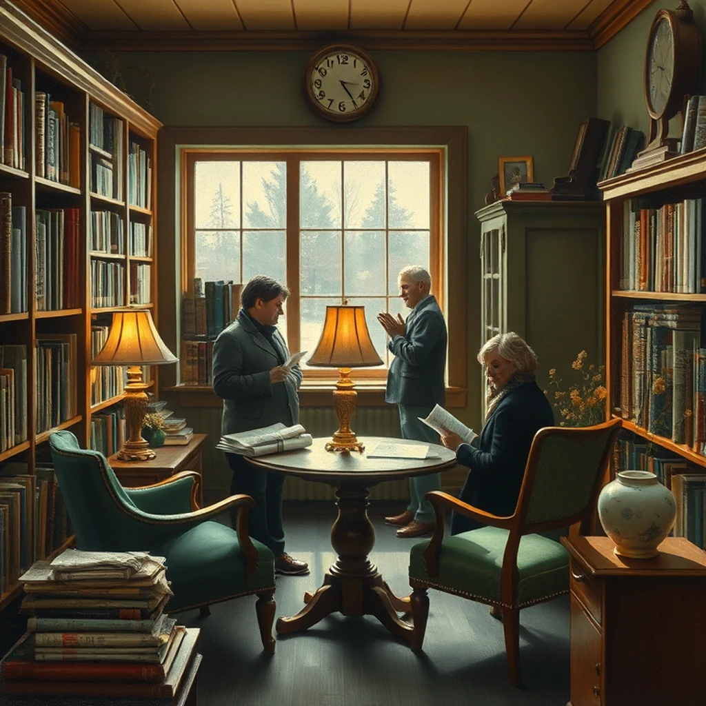 Image A of the puzzle: 2000s small town library reading nook with bookshelves