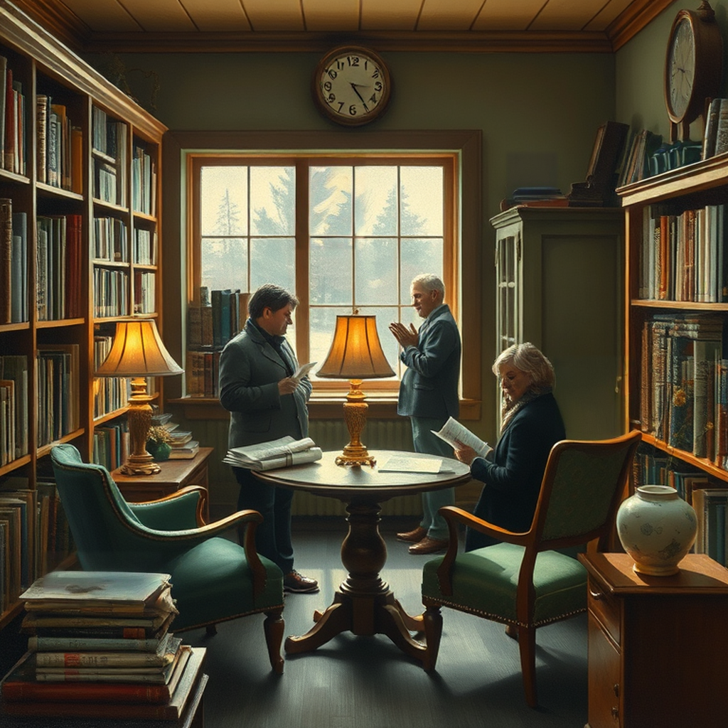 Image B of the puzzle: 2000s small town library reading nook with bookshelves