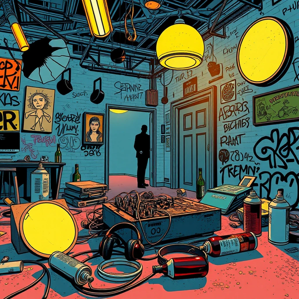 Image A of the puzzle: 2010s berlin techno club backstage area with art installations