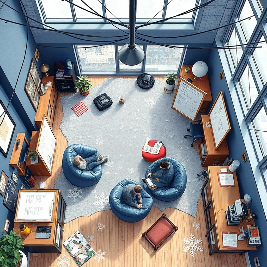 Image B of the puzzle: 2010s chinese tech startup office common area with beanbags