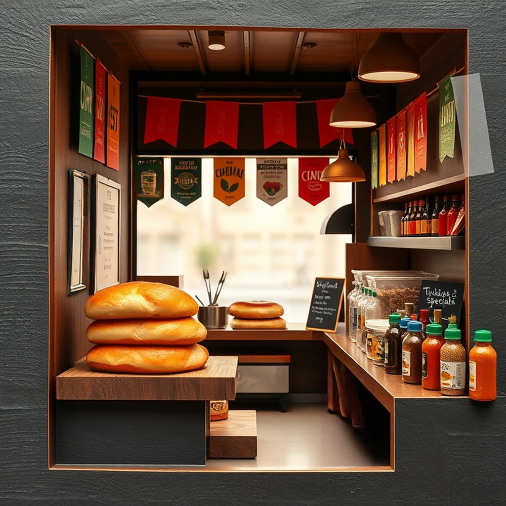 Image B of the puzzle: 2010s london street food market stall selling currywurst