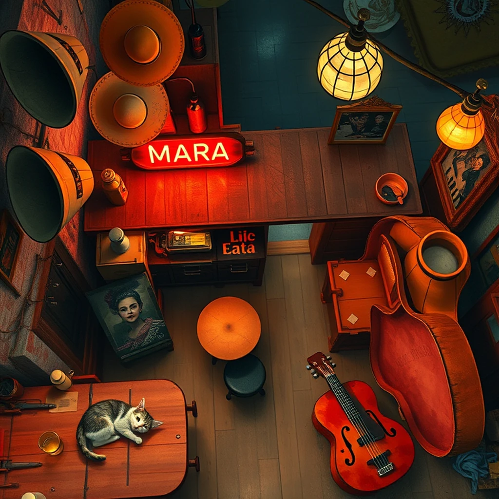 Image A of the puzzle: 2010s mexican cantina in guadalajara with mariachi instruments