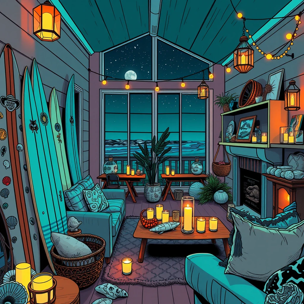 Image A of the puzzle: 2020s coastal beach house living room with surfboards and sea shells