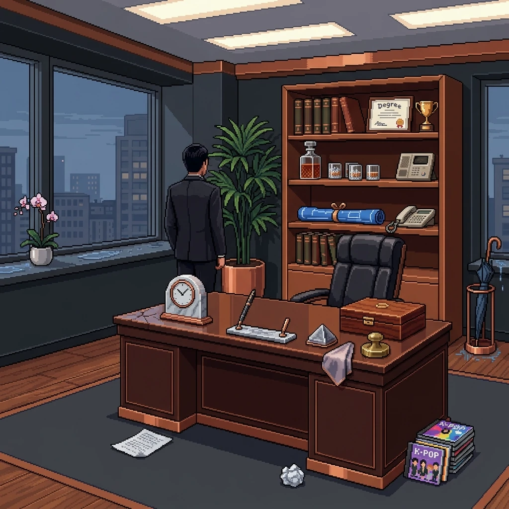 Image A of the puzzle: 2020s K-pop music video set chaebol penthouse interior with 15 leather books on shelf, brandy decanter, crystal whiskey glasses, marble clock, fountain pen on desk, blueprint roll, potted plant, framed degree, intercom phone, golf trophy, leather chair, cigar humidor, silk pocket square, brass paperweight, and silver pen holder