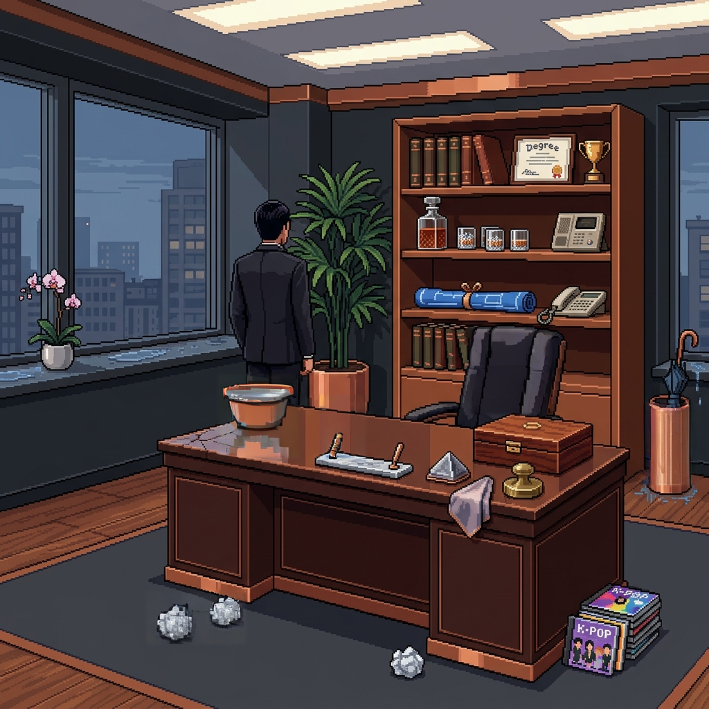 Image B of the puzzle: 2020s K-pop music video set chaebol penthouse interior with 15 leather books on shelf, brandy decanter, crystal whiskey glasses, marble clock, fountain pen on desk, blueprint roll, potted plant, framed degree, intercom phone, golf trophy, leather chair, cigar humidor, silk pocket square, brass paperweight, and silver pen holder