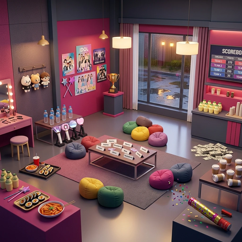 Image A of the puzzle: 2020s K-pop reality variety show set with 12 colored beanbag cushions, lightsticks, name placard cards, snack tray with kimbap and tteokbokki, 6 water bottles, mascot plush dolls, glitter wands, gold trophy cup, posters on wall, hairpins, banana milk bottles, paper coffee cups, fake-money props, scoreboard, and confetti cannon