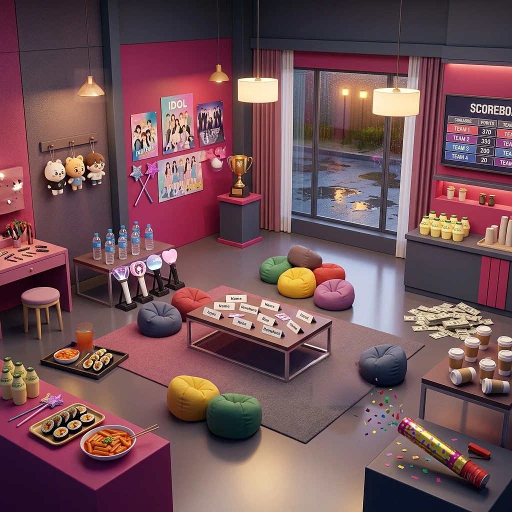 Image B of the puzzle: 2020s K-pop reality variety show set with 12 colored beanbag cushions, lightsticks, name placard cards, snack tray with kimbap and tteokbokki, 6 water bottles, mascot plush dolls, glitter wands, gold trophy cup, posters on wall, hairpins, banana milk bottles, paper coffee cups, fake-money props, scoreboard, and confetti cannon
