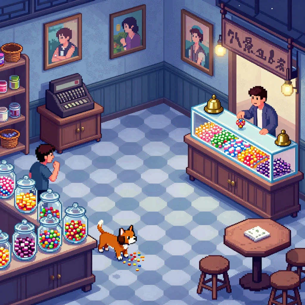 A 1920s Shanghai candy shop with glass jars, a lone person and their dog have a secret snack at night, moonlit night, silver-blue light, colorful hard candies and round glass jars