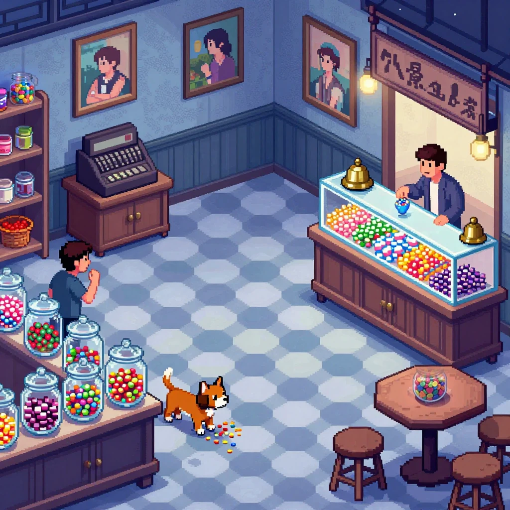 Image B of the puzzle: A 1920s Shanghai candy shop with glass jars, a lone person and their dog have a secret snack at night, moonlit night, silver-blue light, colorful hard candies and round glass jars