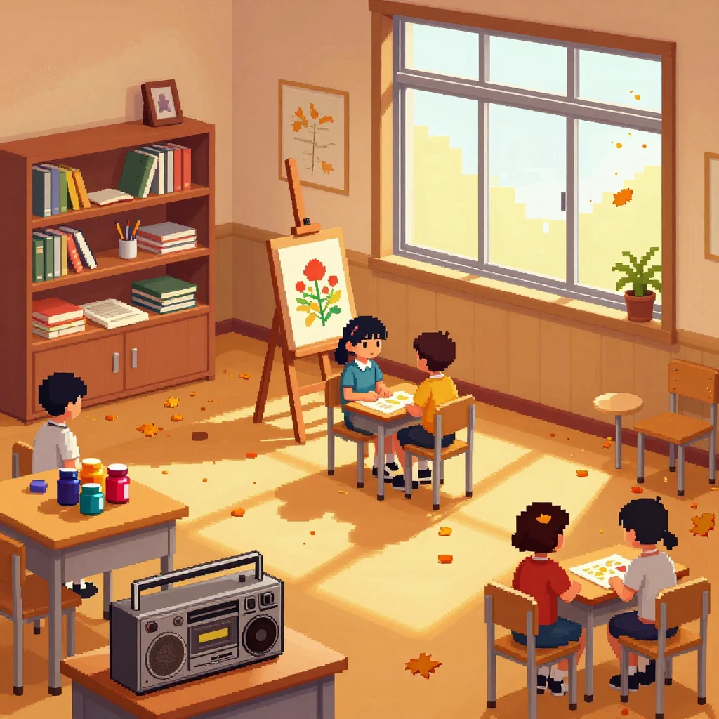 A 1990s Seoul school art classroom with autumn afternoon light, where a nervous new student observes two old friends sharing a cozy moment amidst falling leaves and ochre walls.