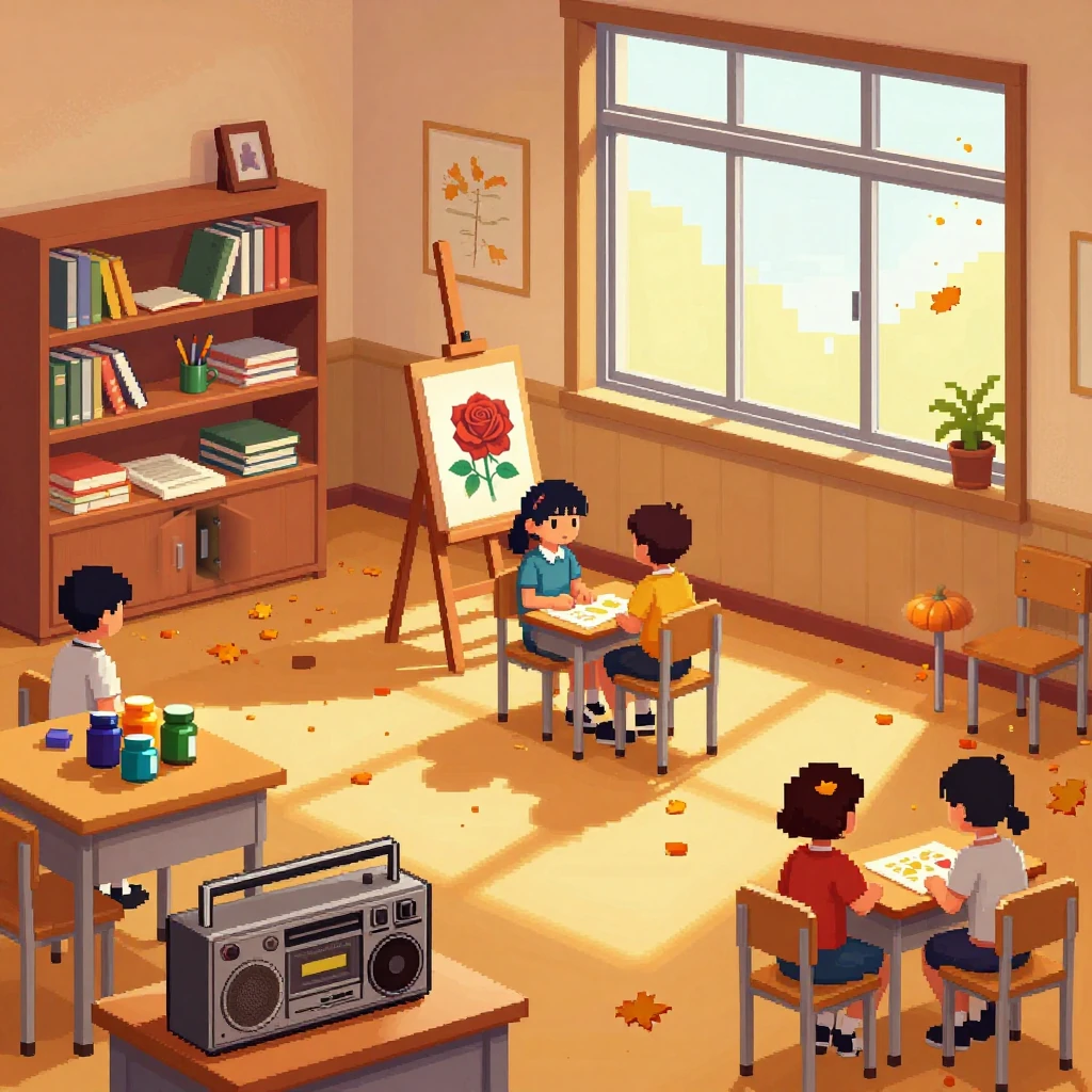 Image B of the puzzle: A 1990s Seoul school art classroom with autumn afternoon light, where a nervous new student observes two old friends sharing a cozy moment amidst falling leaves and ochre walls.